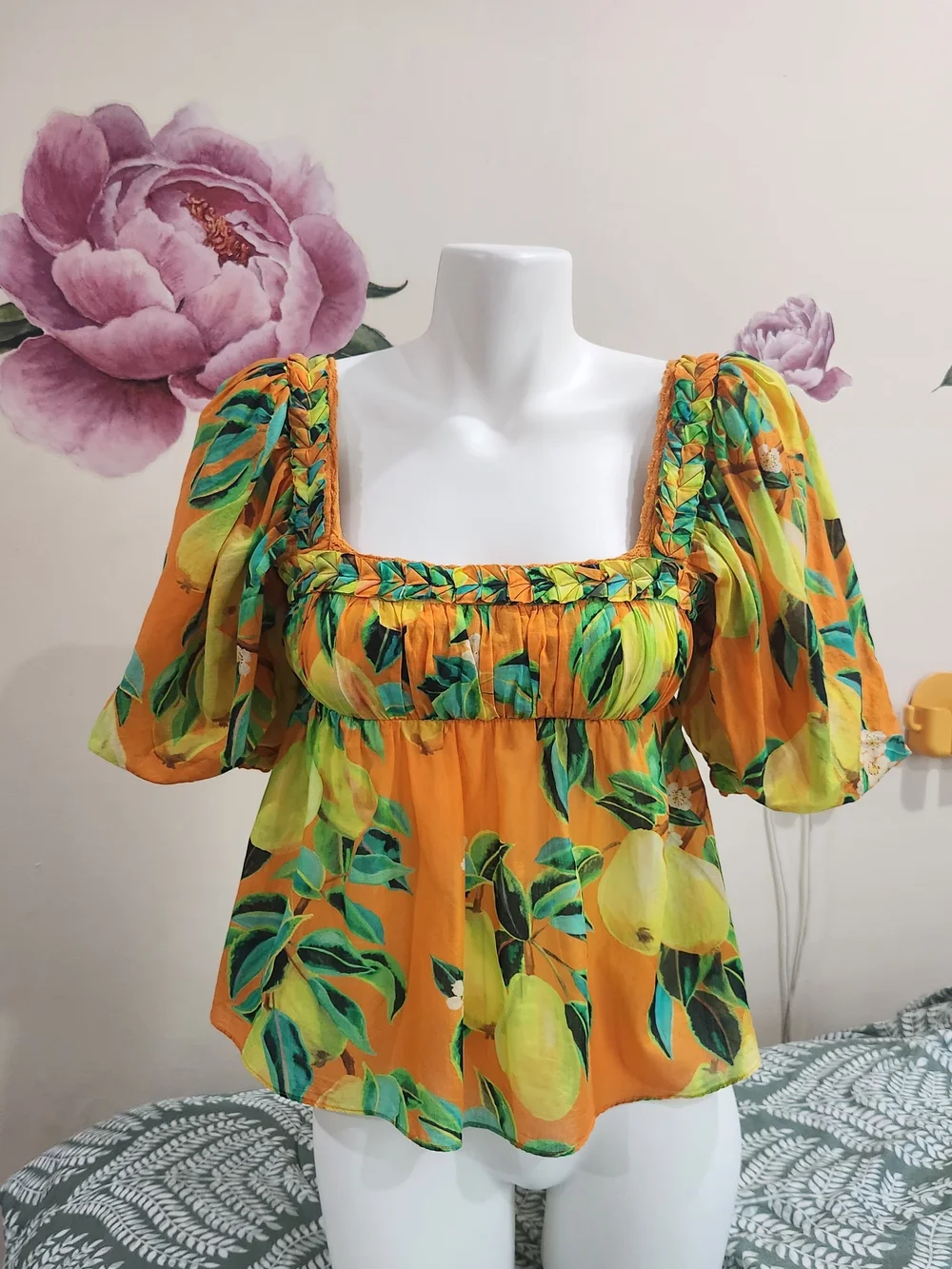 Orange Lemon-Print Peasant Blouse Farm Rio  - Womens Size Xs
